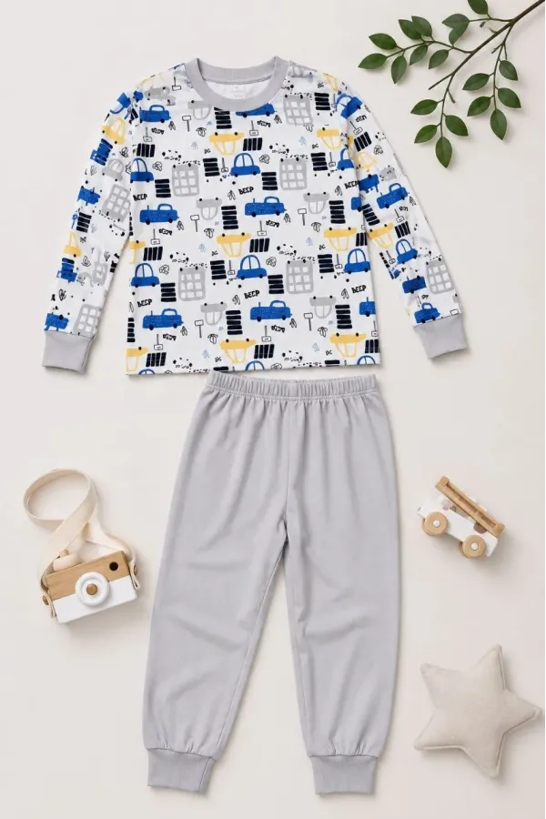 Erkek Çocuk Premium Penye Uzun Kollu Desenli Pijama Takımı 2-11 Yaş - Gri