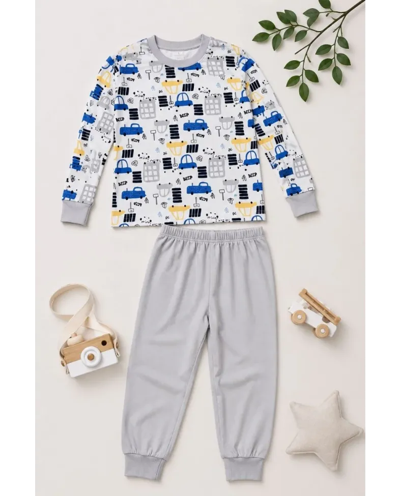 Erkek Çocuk Premium Penye Uzun Kollu Desenli Pijama Takımı 2-11 Yaş - Gri