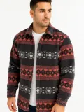 Erkek Desenli Polar Gömlek Etnik Şerit Desen Yakalı Uzun Kollu Düğmeli Oversize - Füme