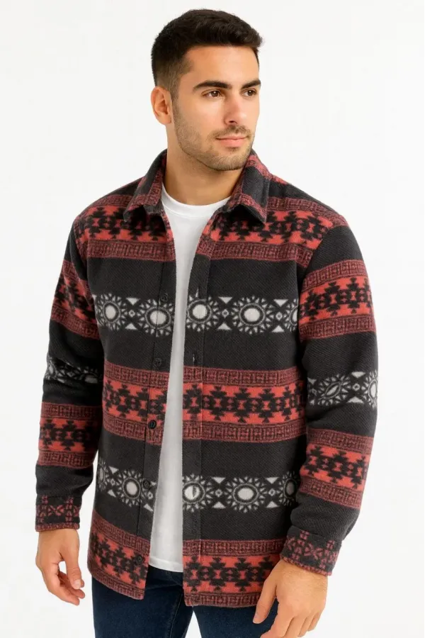 Erkek Desenli Polar Gömlek Etnik Şerit Desen Yakalı Uzun Kollu Düğmeli Oversize - Füme