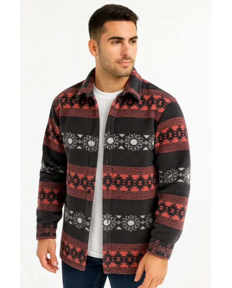 Erkek Desenli Polar Gömlek Etnik Şerit Desen Yakalı Uzun Kollu Düğmeli Oversize - Füme