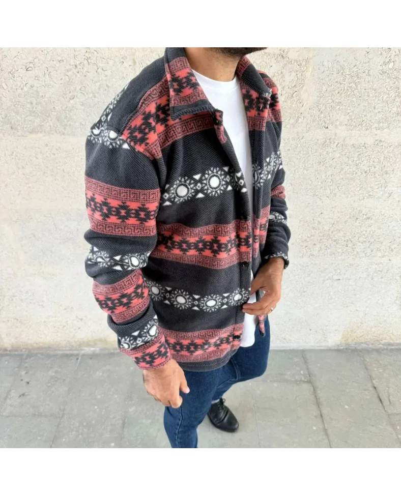 Erkek Desenli Polar Gömlek Etnik Şerit Desen Yakalı Uzun Kollu Düğmeli Oversize - Füme