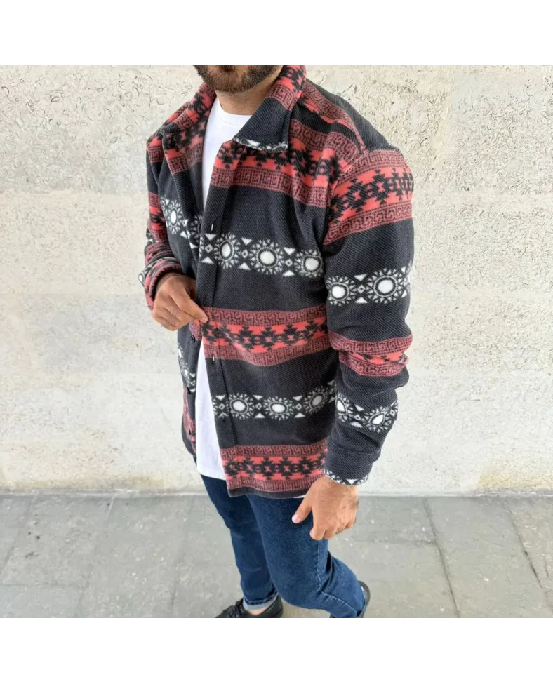 Erkek Desenli Polar Gömlek Etnik Şerit Desen Yakalı Uzun Kollu Düğmeli Oversize - Füme