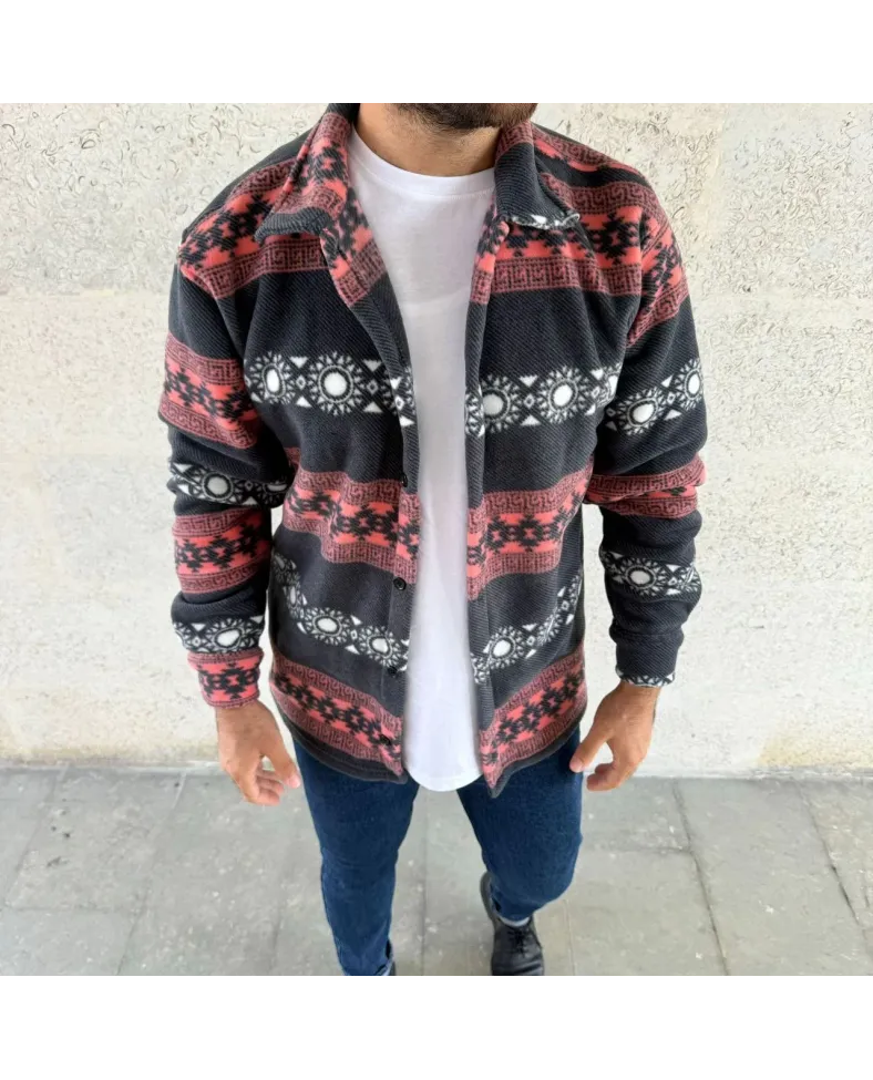 Erkek Desenli Polar Gömlek Etnik Şerit Desen Yakalı Uzun Kollu Düğmeli Oversize - Füme
