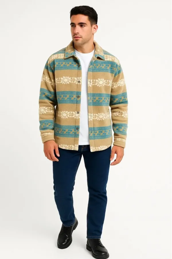 Erkek Desenli Polar Gömlek Etnik Şerit Desen Yakalı Uzun Kollu Düğmeli Oversize - Sarı