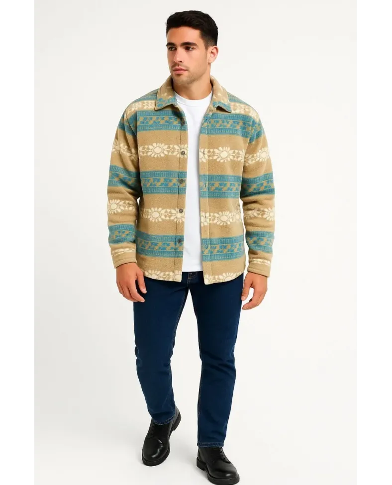 Erkek Desenli Polar Gömlek Etnik Şerit Desen Yakalı Uzun Kollu Düğmeli Oversize - Sarı Somersan Giyim | Kadın, Erkek ve Çocuk Moda