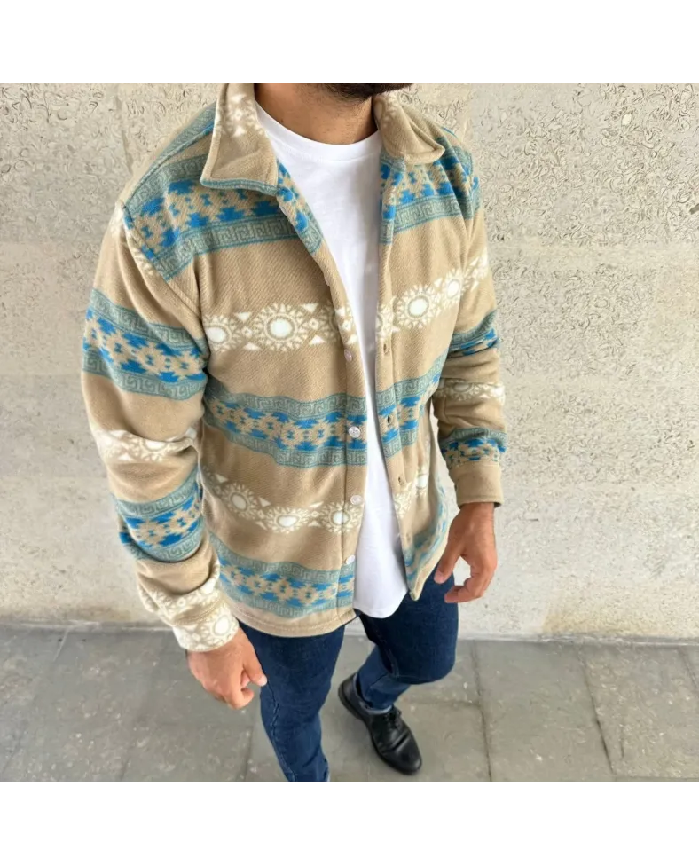 Erkek Desenli Polar Gömlek Etnik Şerit Desen Yakalı Uzun Kollu Düğmeli Oversize - Sarı Somersan Giyim | Kadın, Erkek ve Çocuk Moda