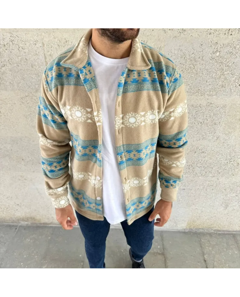 Erkek Desenli Polar Gömlek Etnik Şerit Desen Yakalı Uzun Kollu Düğmeli Oversize - Sarı Somersan Giyim | Kadın, Erkek ve Çocuk Moda