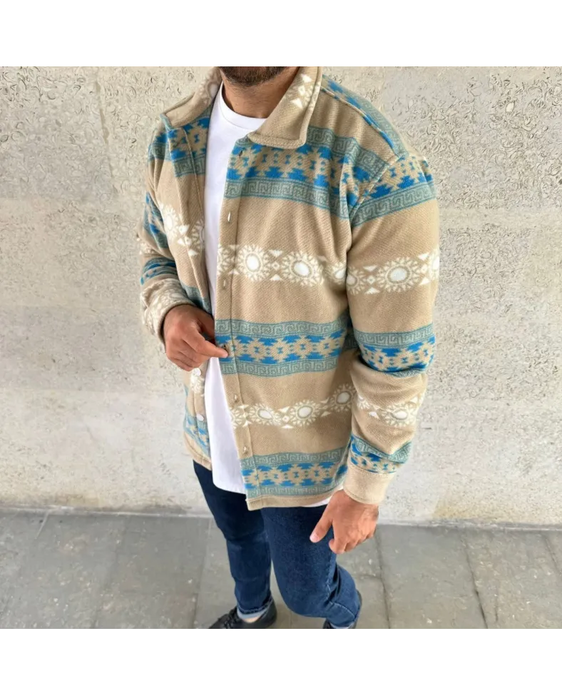 Erkek Desenli Polar Gömlek Etnik Şerit Desen Yakalı Uzun Kollu Düğmeli Oversize - Sarı Somersan Giyim | Kadın, Erkek ve Çocuk Moda