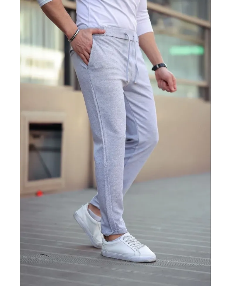 Erkek Diagonel Mikro dokulu Cepli Beli Lastilki Pantolon - Gri