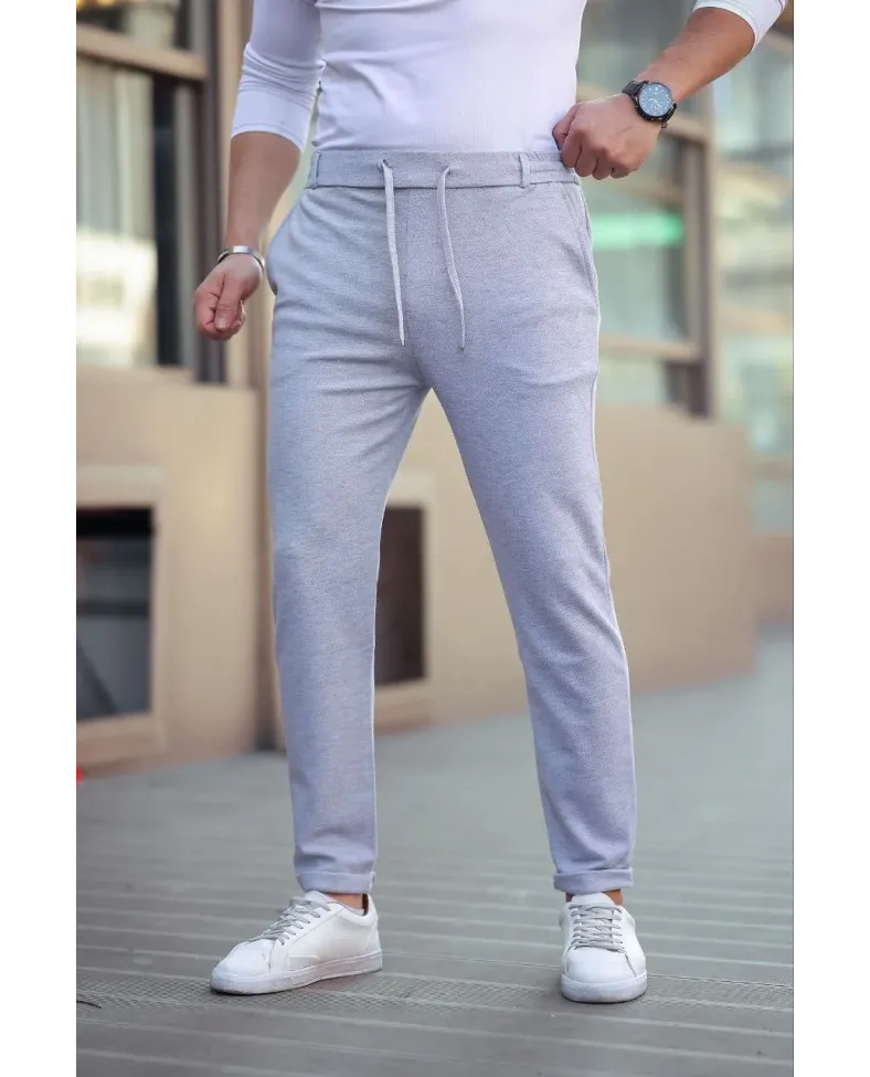 Erkek Diagonel Mikro dokulu Cepli Beli Lastilki Pantolon - Gri