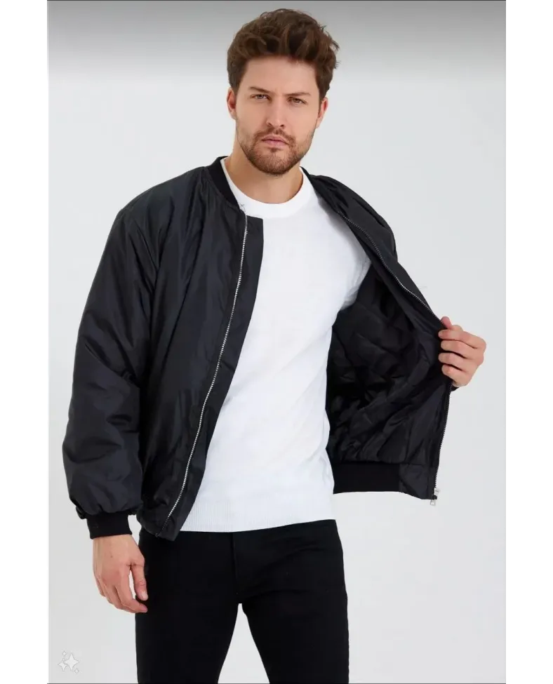 ERKEK Siyah Bomber Mont Su İtici Kapitone Astarlı Fermuarlı Kullanıma Uygun Ceket - Siyah