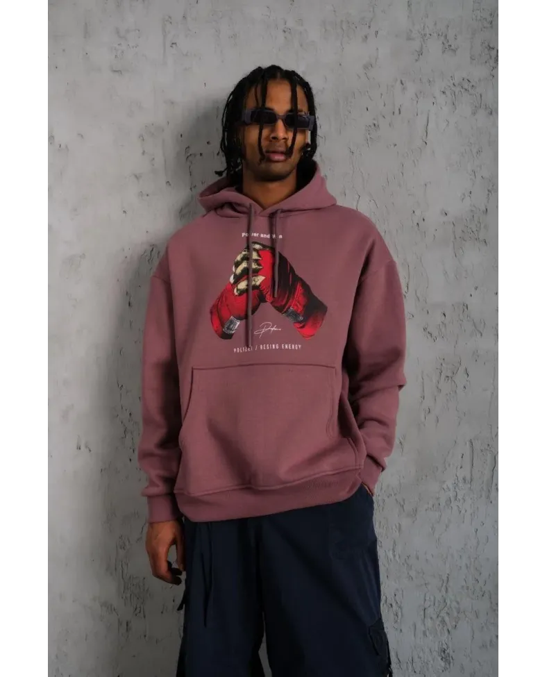 Erkek Eldiven Baskılı Kapüşonlu Sweat - Gül Kurusu