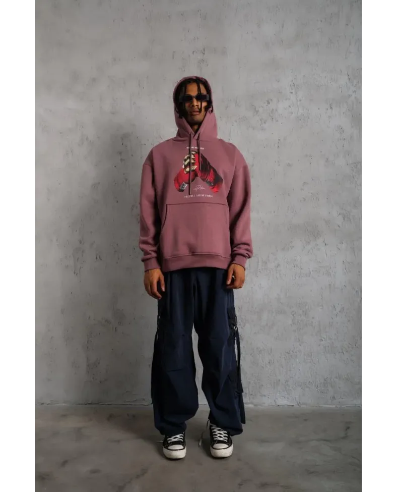 Erkek Eldiven Baskılı Kapüşonlu Sweat - Gül Kurusu