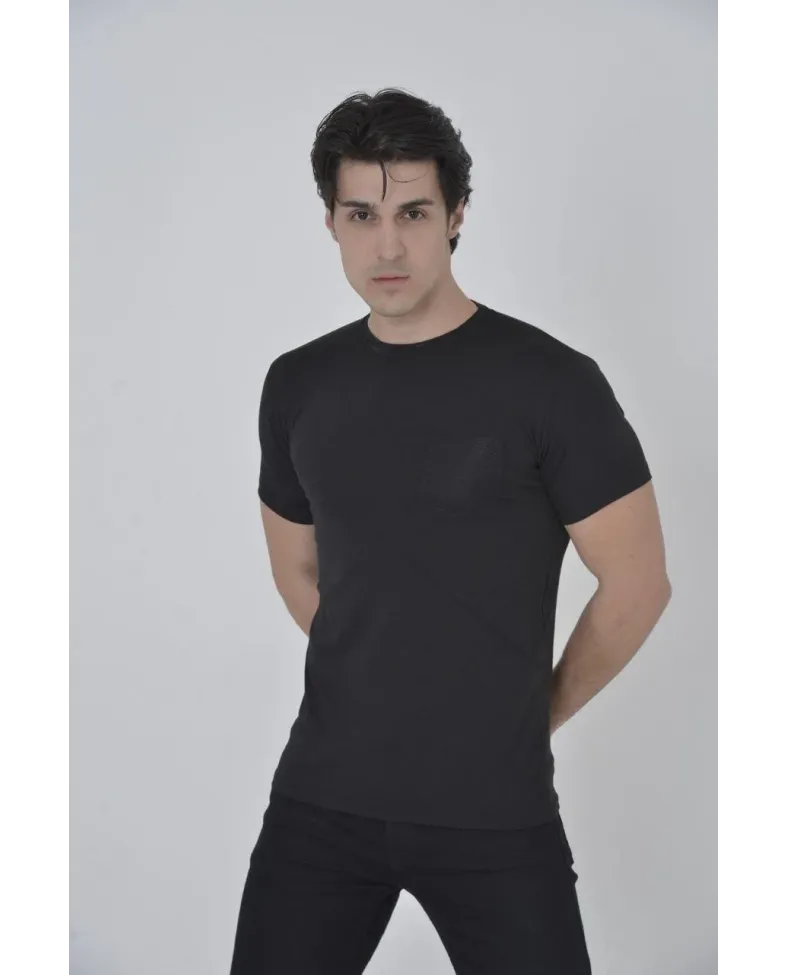Erkek File Cepli Slim fit T-shirt - Siyah