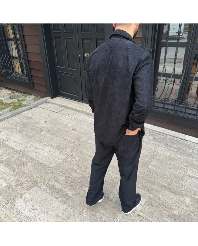 Erkek Fitilli Kadife Cepli Buggy Pantolon Oversize Rahat Kalıp - Siyah
