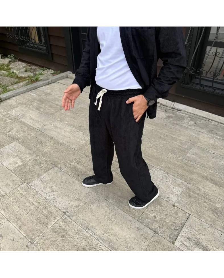 Erkek Fitilli Kadife Cepli Buggy Pantolon Oversize Rahat Kalıp - Siyah