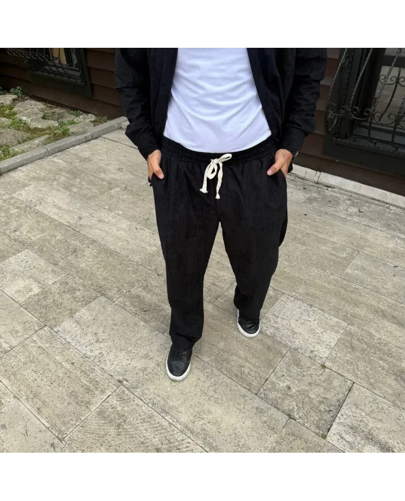 Erkek Fitilli Kadife Cepli Buggy Pantolon Oversize Rahat Kalıp - Siyah