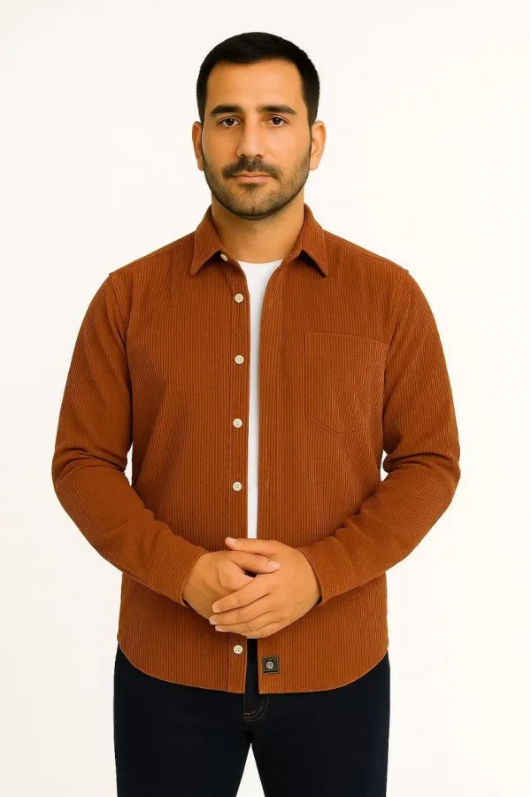 Erkek Fitilli Kadife Cepli Gömlek Oversize Rahat Kalıp - Kahverengi