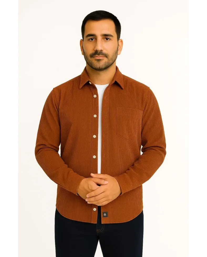 Erkek Fitilli Kadife Cepli Gömlek Oversize Rahat Kalıp - Kahverengi