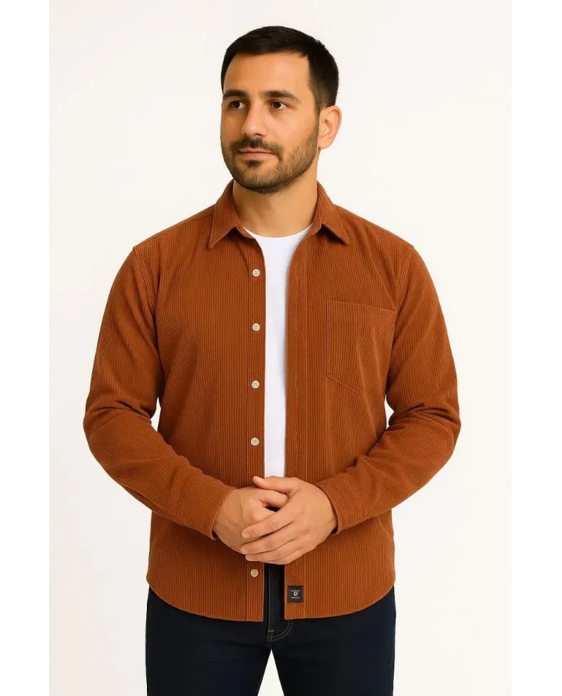 Erkek Fitilli Kadife Cepli Gömlek Oversize Rahat Kalıp - Kahverengi