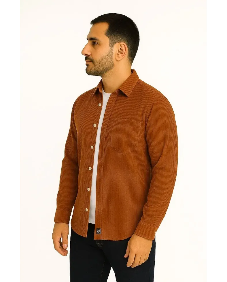 Erkek Fitilli Kadife Cepli Gömlek Oversize Rahat Kalıp - Kahverengi