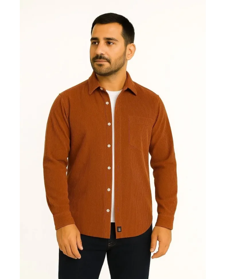 Erkek Fitilli Kadife Cepli Gömlek Oversize Rahat Kalıp - Kahverengi