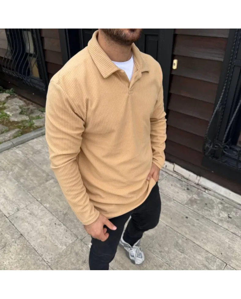 Erkek Fitilli Polar Sweatshirt Düğmesiz Yaka Oversize - Bej Somersan Giyim | Kadın, Erkek ve Çocuk Moda