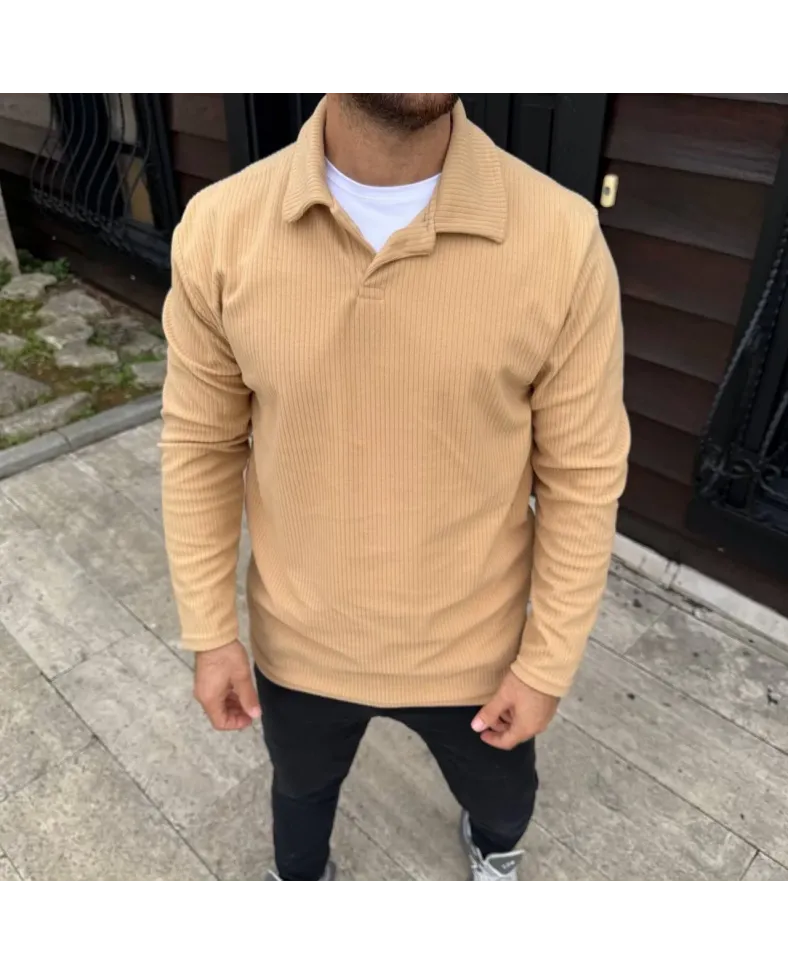 Erkek Fitilli Polar Sweatshirt Düğmesiz Yaka Oversize - Bej Somersan Giyim | Kadın, Erkek ve Çocuk Moda