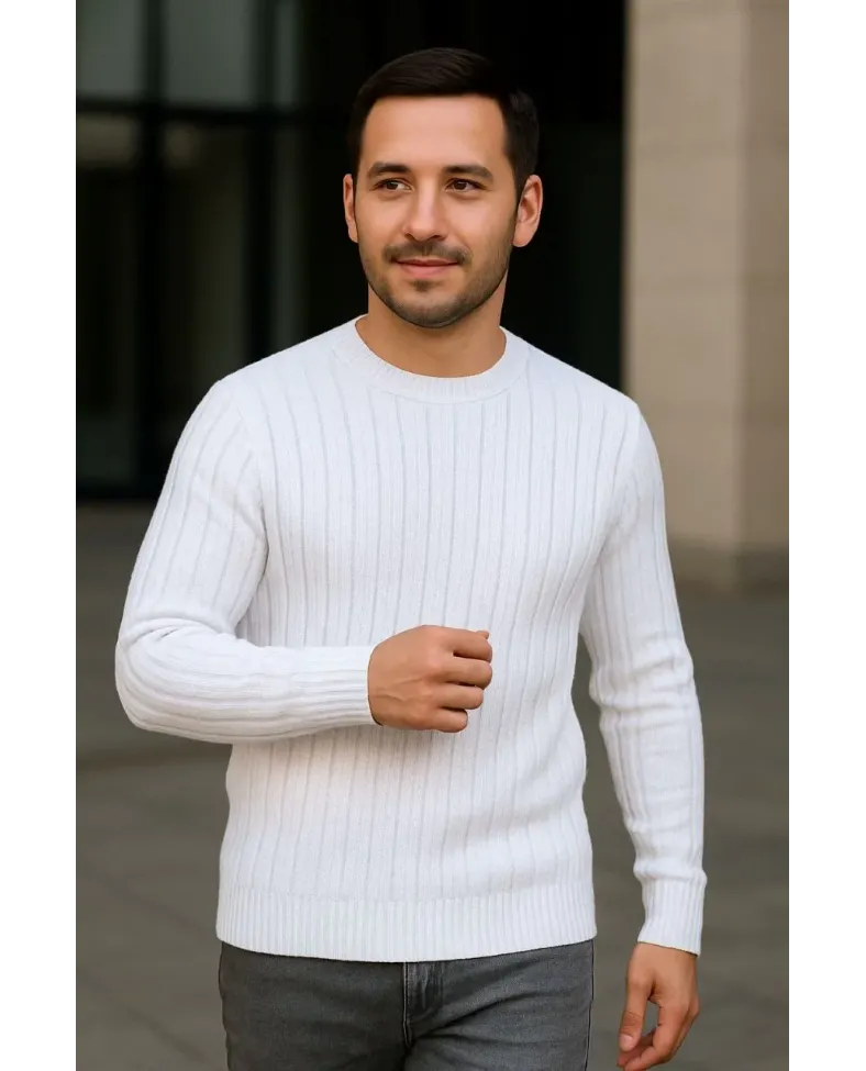 Erkek Fitilli Triko Kazak 3’lü Set Bej Beyaz Siyah | Kalın Dokuma Pamuklu Regular Fit Somersan Giyim | Kadın, Erkek ve Çocuk Moda