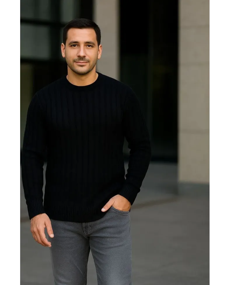 Erkek Fitilli Triko Kazak 3’lü Set Bej Beyaz Siyah | Kalın Dokuma Pamuklu Regular Fit Somersan Giyim | Kadın, Erkek ve Çocuk Moda