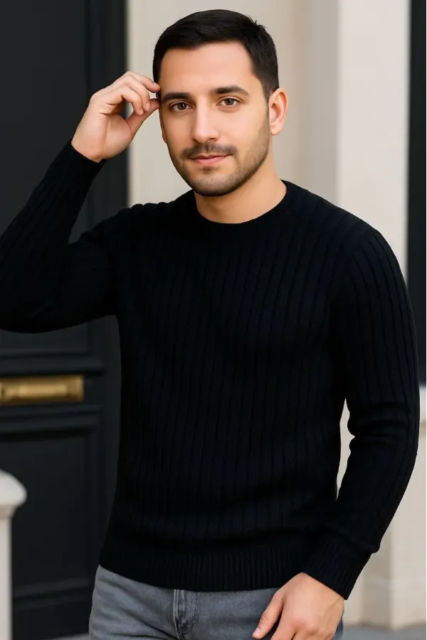 Erkek Fitilli Triko Kazak 2’li Set Siyah Beyaz Kalın Dokuma Pamuklu Regular Fit Bisiklet