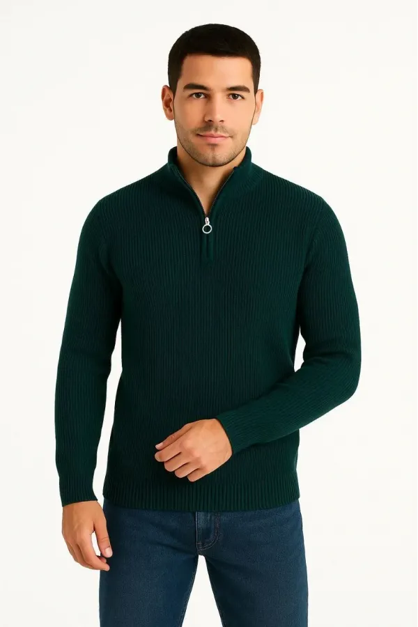 Erkek Fitilli Triko Kazak 2’li Set – Siyah & Haki Kalın Dokuma Pamuklu Regular Fit V Yaka Fermuarlı Uzun Kollu Rahat Kışlık Kazak Kombini