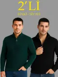 Erkek Fitilli Triko Kazak 2’li Set Siyah Haki Kalın Dokuma Pamuklu Regular Fit V Yaka