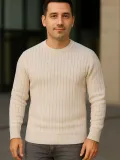 Erkek Fitilli Triko Kazak 3'lü Set Bej Gri Siyah Bisiklet Yaka Regular Fit