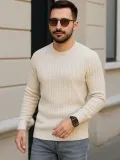 Erkek Fitilli Triko Kazak 3'lü Set Bej Gri Siyah Bisiklet Yaka Regular Fit