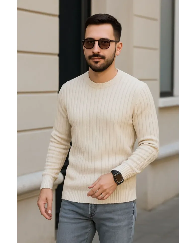 Erkek Fitilli Triko Kazak 3'lü Set Bej Gri Siyah Bisiklet Yaka Regular Fit