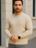 Erkek Fitilli Triko Kazak 3'lü Set Bej Gri Siyah Bisiklet Yaka Regular Fit