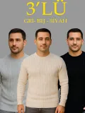 Erkek Fitilli Triko Kazak 3'lü Set Bej Gri Siyah Bisiklet Yaka Regular Fit