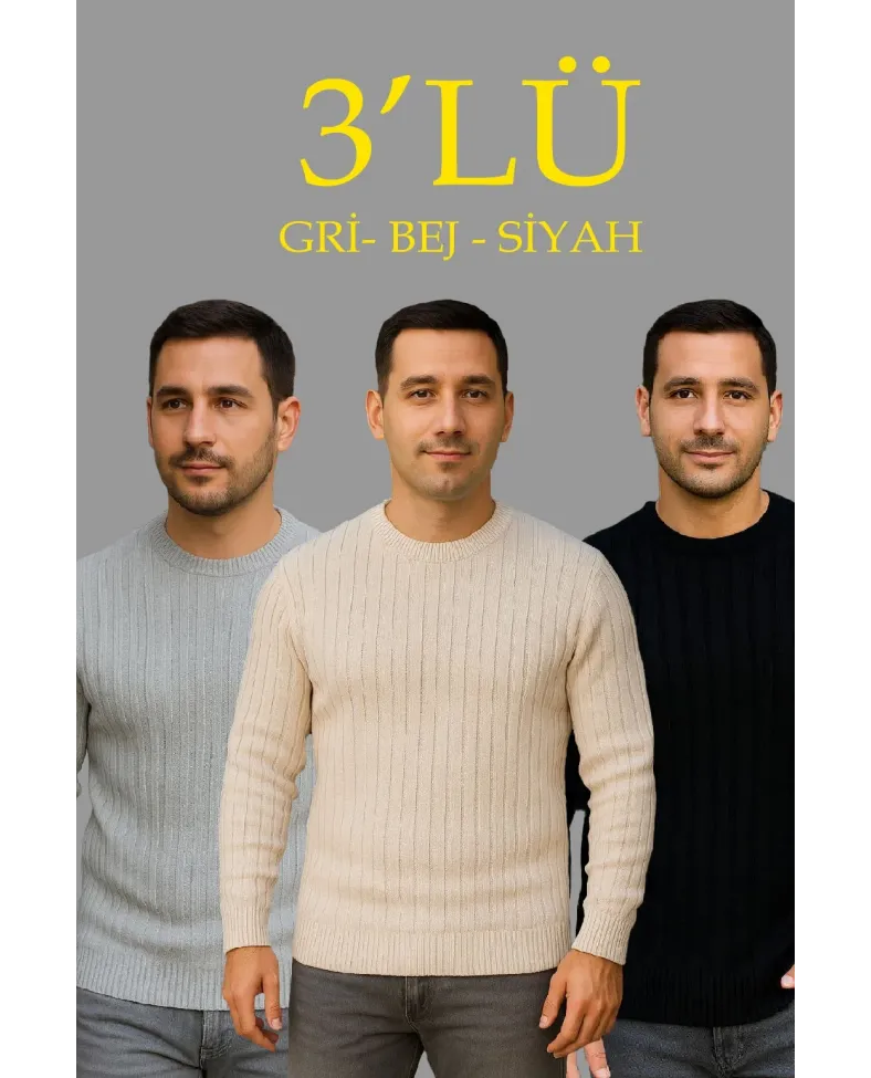 Erkek Fitilli Triko Kazak 3'lü Set Bej Gri Siyah Bisiklet Yaka Regular Fit