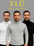 Erkek Fitilli Kazak Tam Boğazlı Balıkçı Yaka Triko 3'lü Set Beyaz-Gri-Siyah