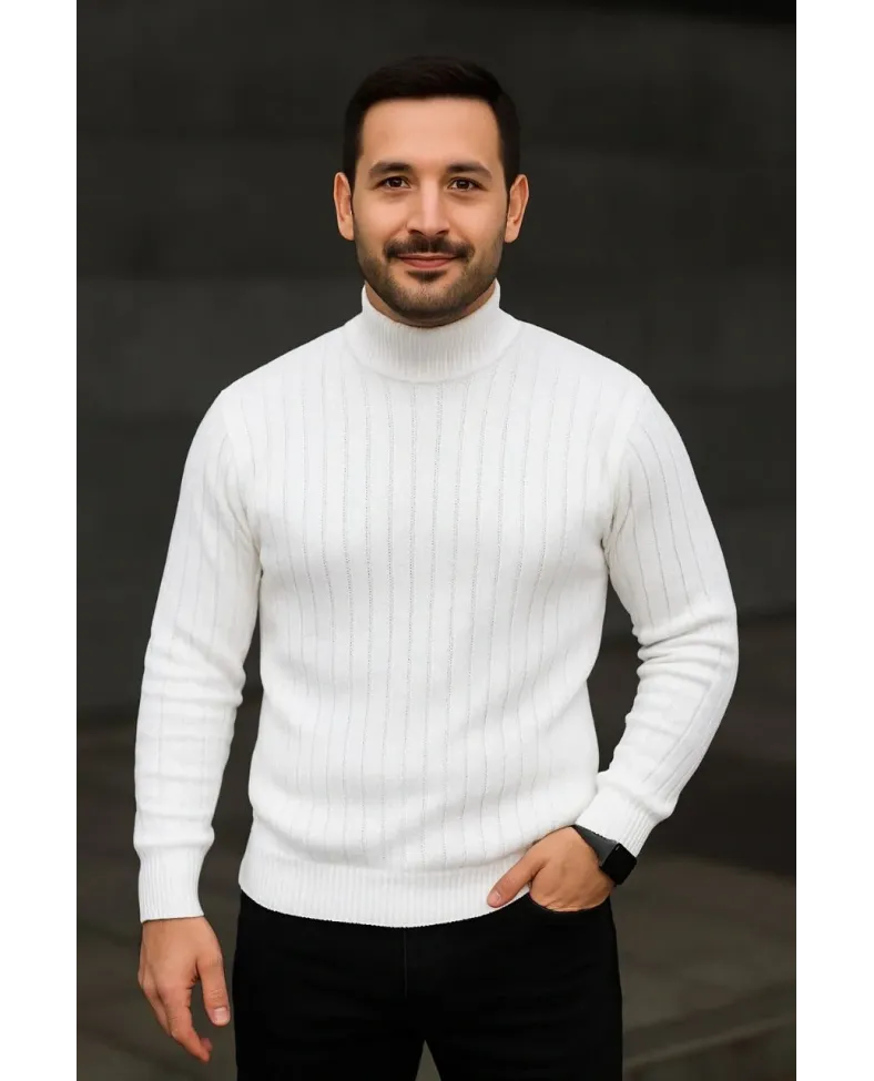 Erkek Fitilli Kazak Tam Boğazlı Balıkçı Yaka Triko 3'lü Set Beyaz-Gri-Siyah