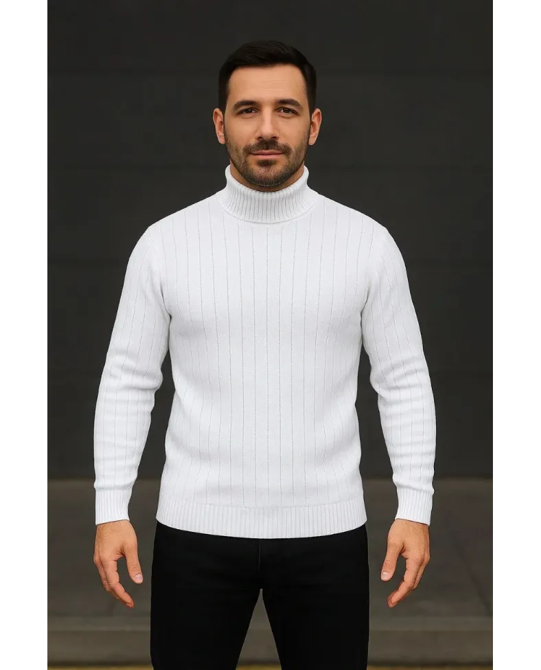 Erkek Fitilli Kazak Tam Boğazlı Balıkçı Yaka Triko 3'lü Set Beyaz-Gri-Siyah