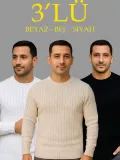 Erkek Fitilli Triko Kazak 3’lü Set Bej Beyaz Siyah | Kalın Dokuma Pamuklu Regular Fit