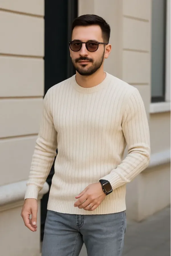 Erkek Fitilli Triko Kazak 3’lü Set Bej Beyaz Siyah | Kalın Dokuma Pamuklu Regular Fit