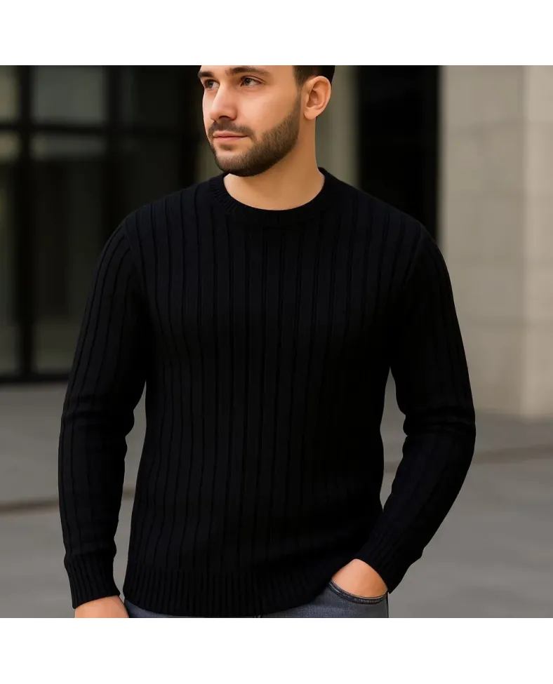 Erkek Fitilli Triko Kazak 3'lü Set Bej Gri Siyah Bisiklet Yaka Regular Fit