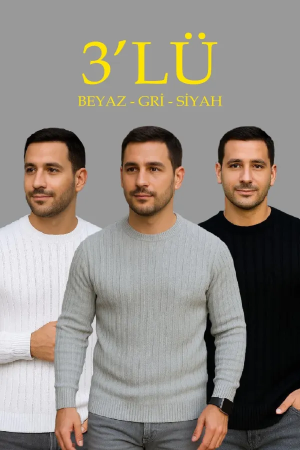 Erkek Fitilli Triko Kazak 3'lü Set Beyaz Gri Siyah Regular Fit Bisiklet Yaka Triko Seti