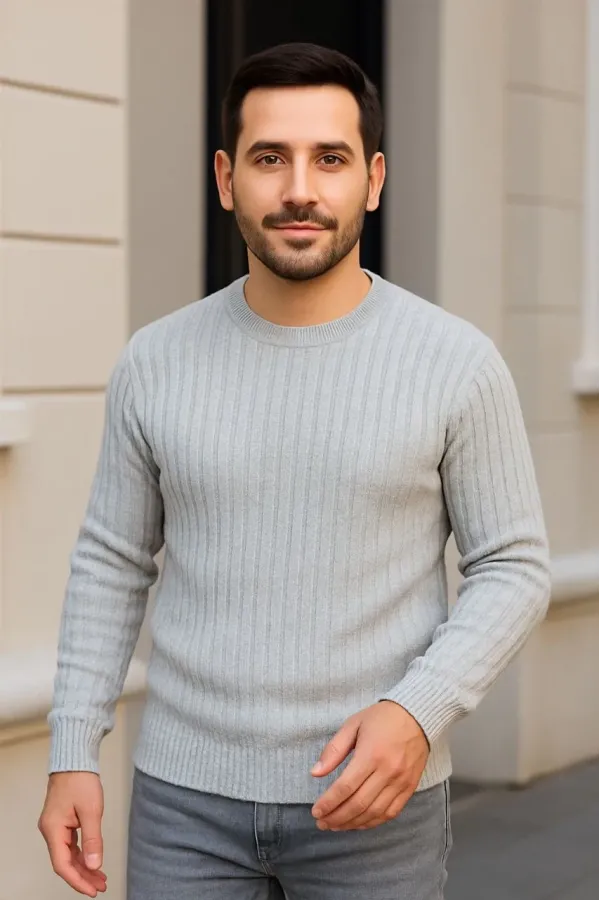 Erkek Fitilli Triko Kazak 3'lü Set Gri Haki Siyah Regular Fit Bisiklet Yaka Triko Seti Modeli Kazak