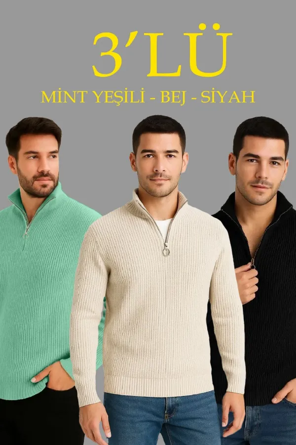 Erkek Fitilli Triko Kazak 3’lü Set Mint Yeşili Siyah Bej Kalın Dokuma Pamuklu Regular Fit