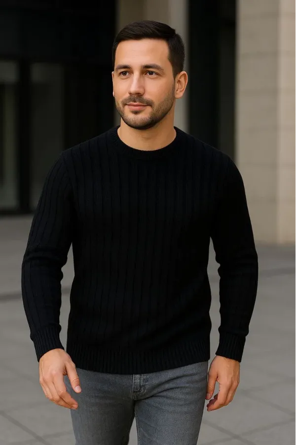 Erkek Fitilli Triko Bisiklet Yaka Kalın Kazak 4'lü Set Beyaz-Bordo-Gri-Siyah